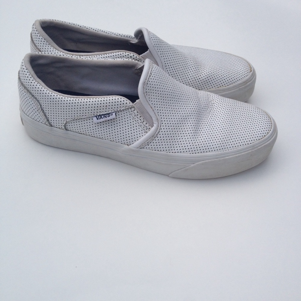 Perforated white leather vans slip ons size 6